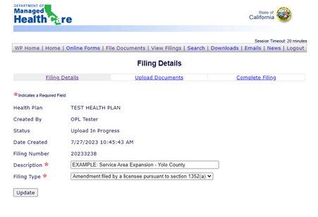 Screenshot of Filing Details page.